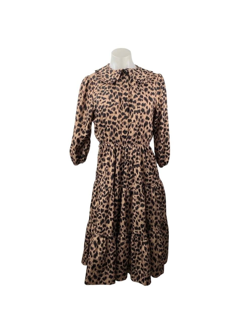 Lilac Brown Leopard Animal Print Collared Puff 3/4 Sleeve A-Line Midi Dress XS